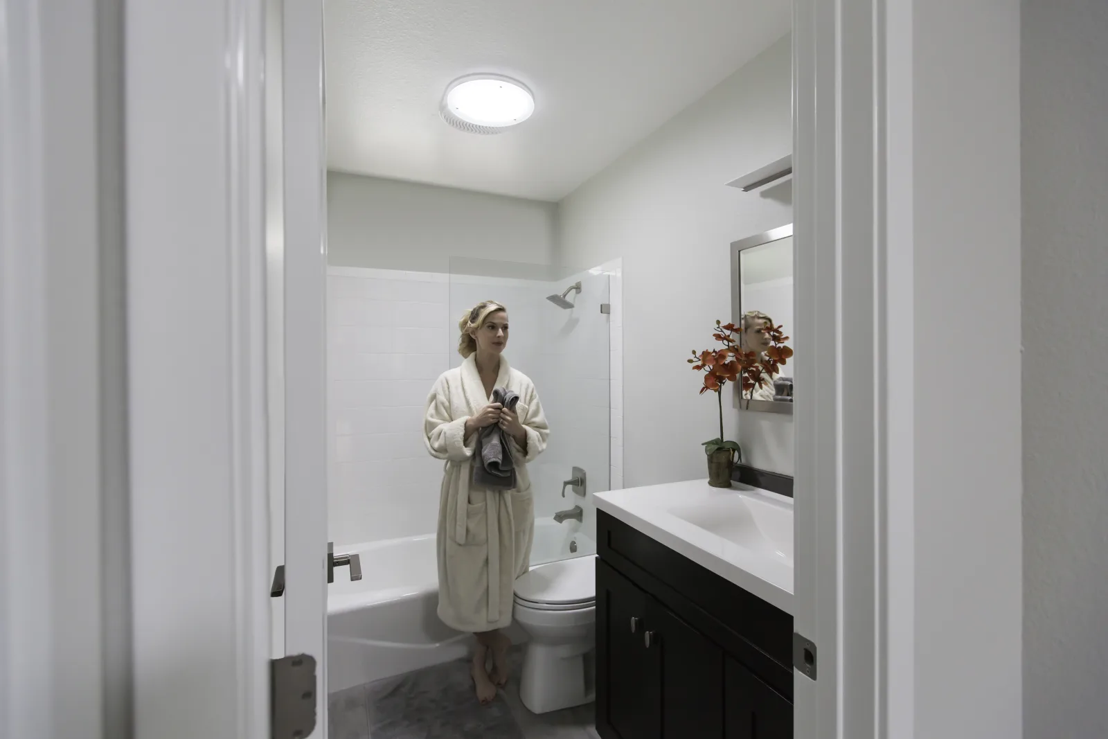 A bathroom filled with daylight from a Solatube tubular skylight