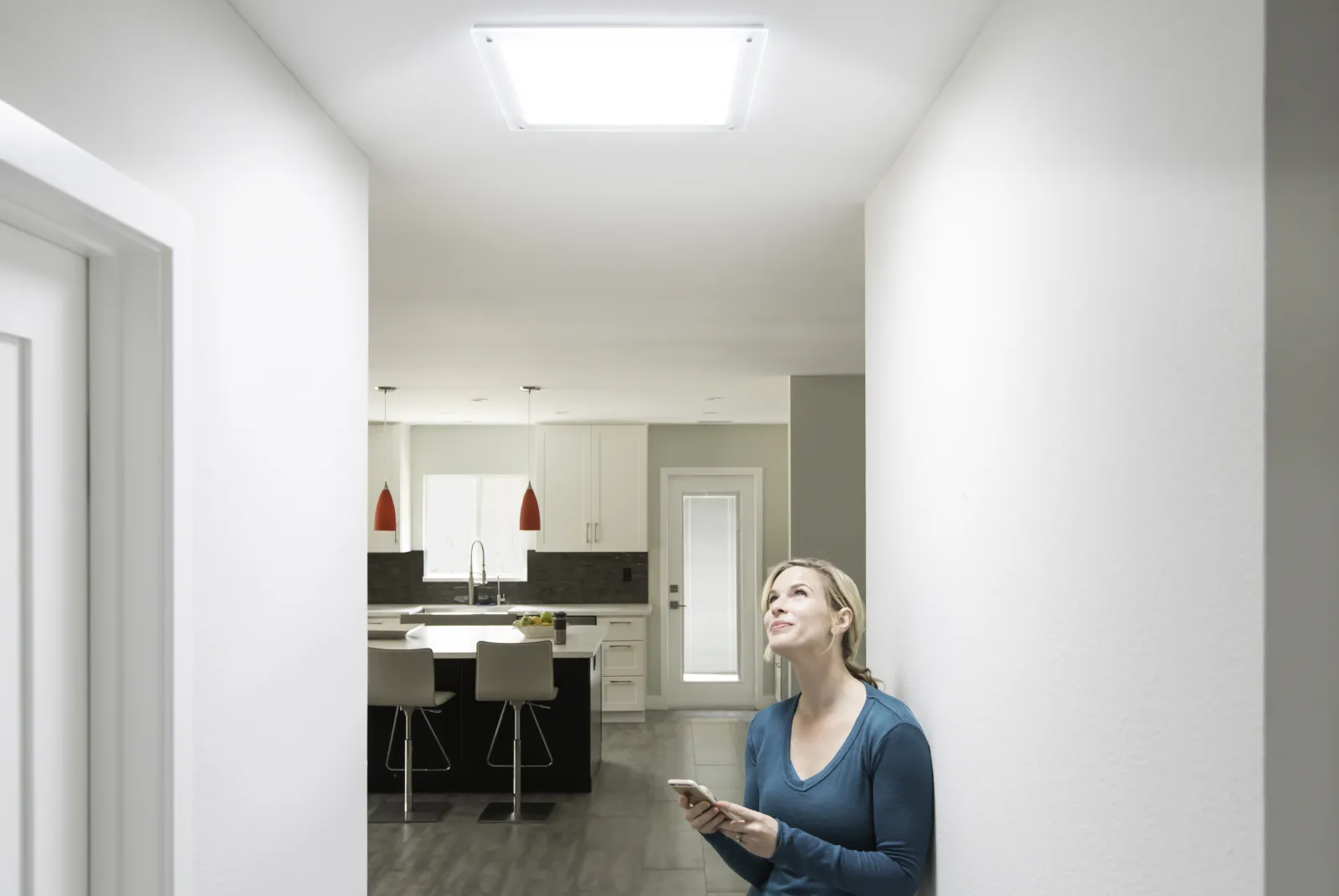 A hallway filled with real daylight from a Solatube tubular skylight